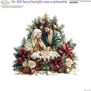 Pannello cm 25x25 Sacra Famiglia con rose e poinsettia